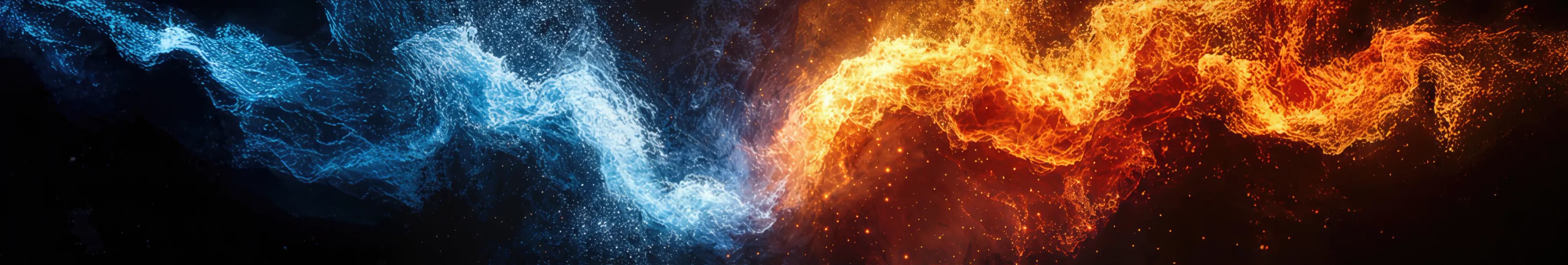 Abstract background with two flames of fire, one blue and the other red on a black background. The left flame is a solid light blue, while the right conveys heat with its vibrant orange color. Both glowing sparks flow into each other, creating an intense connection.