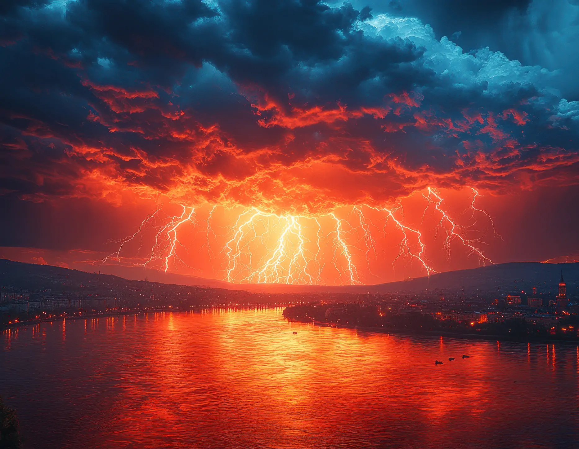 A spectacular view of red lightning over the Danube River, illuminating the cityscape with dramatic lighting effects. The sky is filled with intense orange and blue hues, creating an epic atmosphere. In front of it lies the turquoise water of the winding mountains reflecting the light.