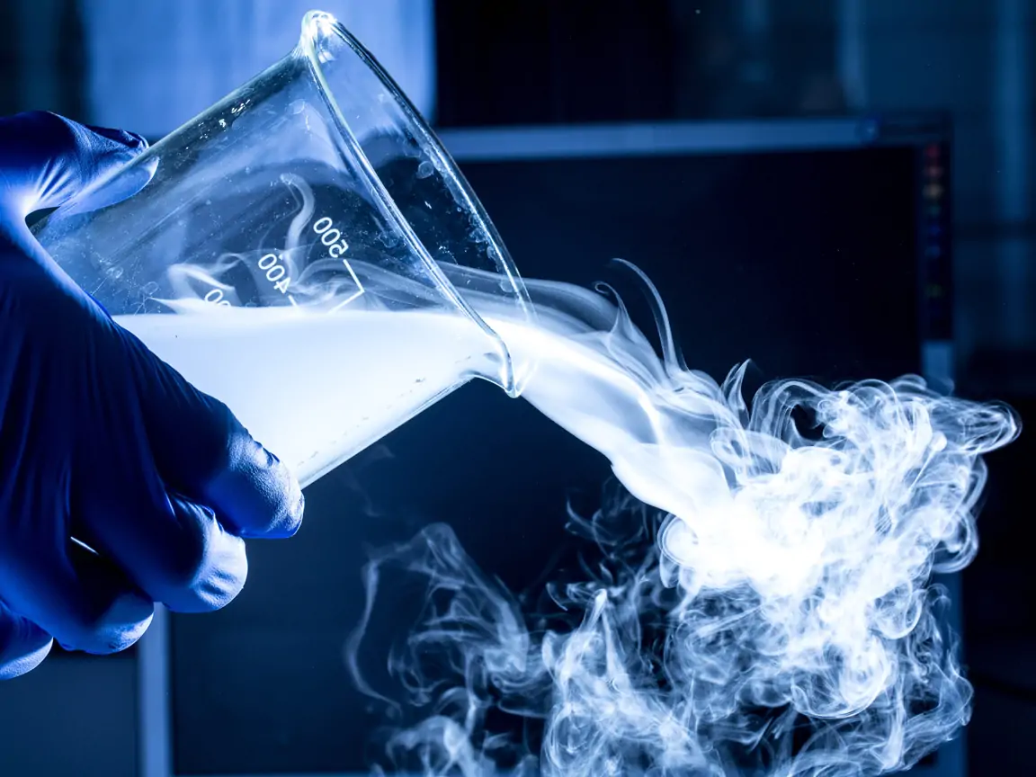 A hand wearing a blue rubber glove is pouring a beaker of liquid nitrogen with smoke flowing out of the beaker