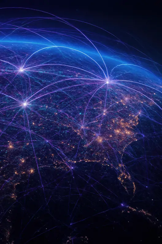 A night-time digital map of the United States of America with glowing blue and purple lines connecting cities, representing a global network and connectivity, set against a dark background.