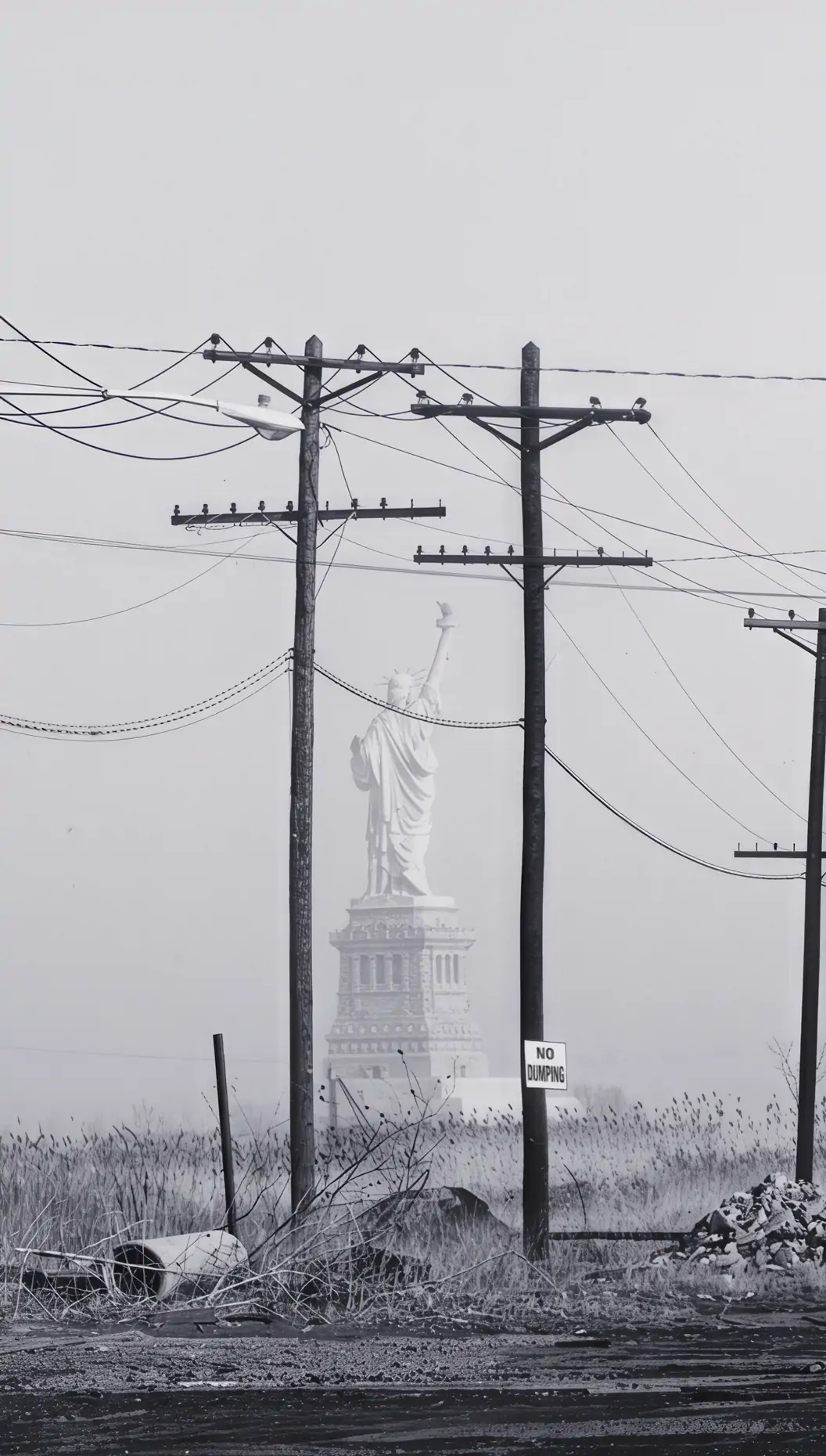 Historical photo of the Statue of Liberty from behind and still being built over a hundred years ago, shot from the oil fields of New Jersey. You can see wooden poles and 3-phase power lines in the foreground that look identical to infrastructure we see all around us today.